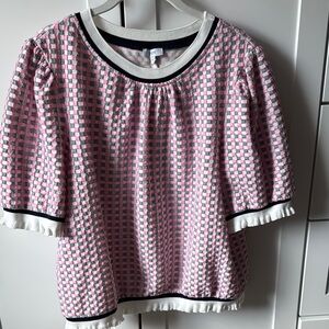 Pink and White Ruffled Blouse with short Sleeves
